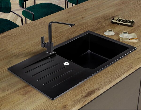 SINK Quality Mosogató Quality Natalie, konyhai gránit mosogató 770x450x170 mm + arany szifon, fekete, SKQ-NAT.C.1KDO.XG