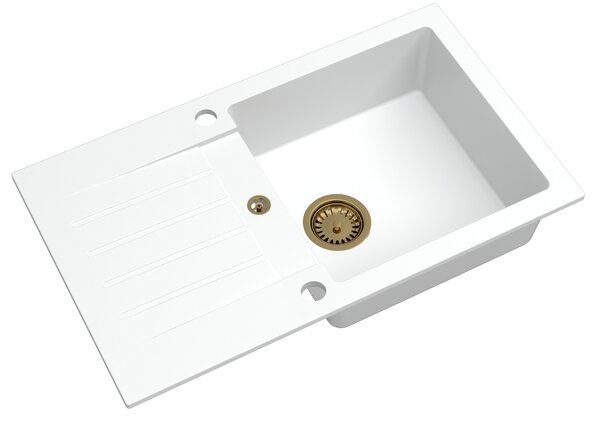 SINK Quality Mosogató Quality Natalie, konyhai gránit mosogató 770x450x170 mm + arany szifon, fehér, SKQ-NAT.W.1KDO.XG
