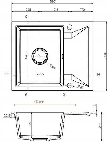 SINK Quality Mosogató Minőségi Obszidián, konyhai gránit mosogató 590x500x210 mm + króm szifon, fehér, SKQ-OBS.W.1KKO.X