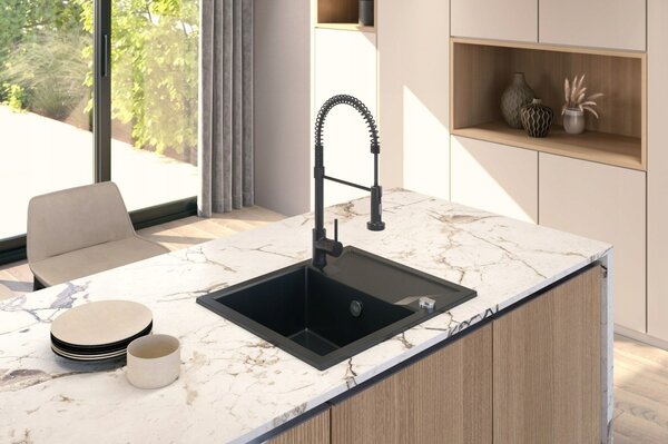 SINK Quality Mosogató Minőségi Obszidián, konyhai gránit mosogató 590x500x210 mm + króm szifon, fehér, SKQ-OBS.W.1KKO.X