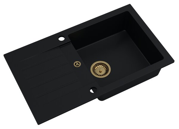 SINK Quality Mosogató Quality Natalie, konyhai gránit mosogató 770x450x170 mm + arany szifon, fekete, SKQ-NAT.C.1KDO.XG