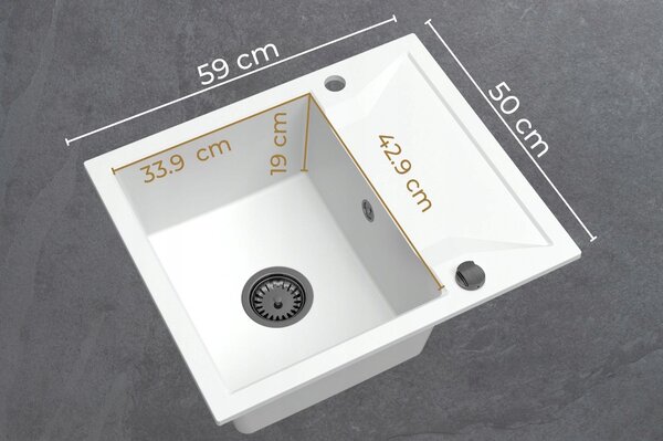 SINK Quality Mosogató Minőségi Obszidián, konyhai gránit mosogató 590x500x210 mm + króm szifon, fehér, SKQ-OBS.W.1KKO.X