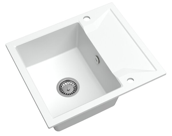 SINK Quality Mosogató Minőségi Obszidián, konyhai gránit mosogató 590x500x210 mm + króm szifon, fehér, SKQ-OBS.W.1KKO.X