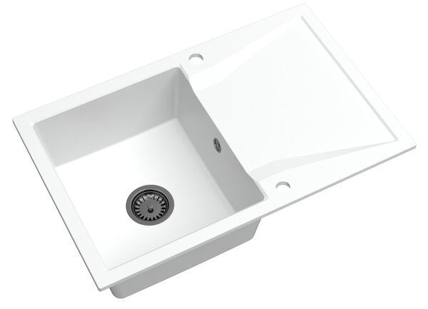 SINK Quality Mosogató Minőségi Obszidián, konyhai gránit mosogató 790x500x210 mm + fekete szifon, fehér, SKQ-OBS.W.1KDO.XB