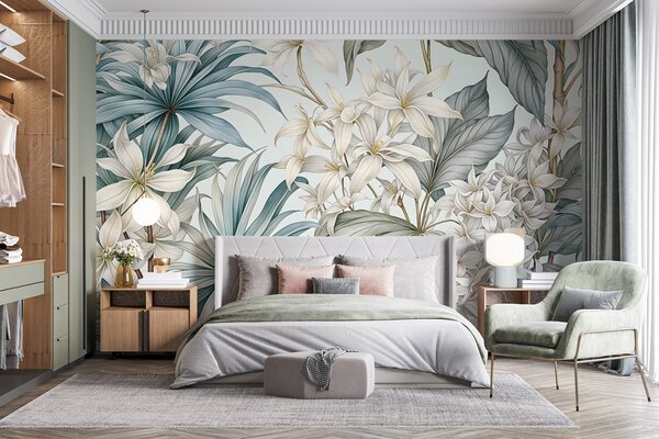 Fotótapéta Trópusi virágmintás, nagy fehér és világoskék virágokkal, zöld levelekkel és semleges háttérrel, Fotótapéta modern, w08318 : Uwalls.hu