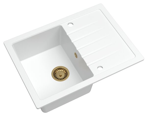 SINK Quality Mosogató Minőségi Titanite, konyhai gránit mosogató 680x495x215 mm + arany szifon, fehér, SKQ-TIT.W.1KKO.XG