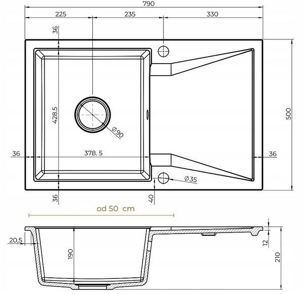 SINK Quality Mosogató Minőségi Obszidián, konyhai gránit mosogató 790x500x210 mm + króm szifon, fekete foltos-Brocade, SKQ-OBS.B.1KDO.X