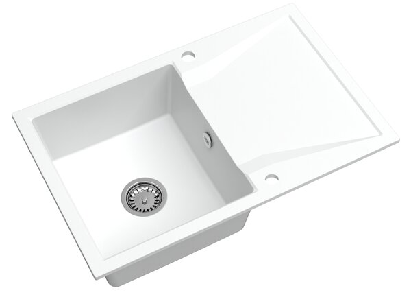SINK Quality Mosogató Minőségi Obszidián, konyhai gránit mosogató 790x500x210 mm + króm szifon, fehér, SKQ-OBS.W.1KDO.X
