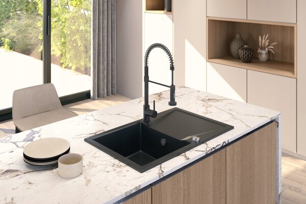 SINK Quality Mosogató Minőségi Obszidián, konyhai gránit mosogató 790x500x210 mm + króm szifon, fekete foltos-Brocade, SKQ-OBS.B.1KDO.X