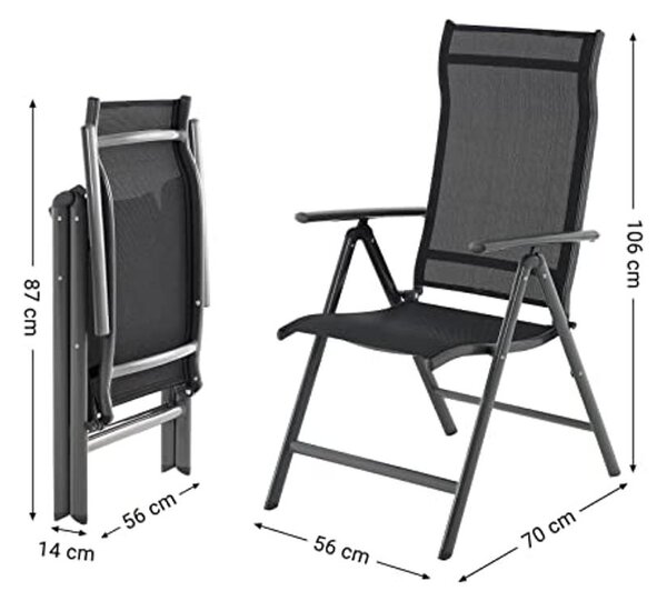 2 db összecsukható kerti szék, 8 szögben dönthető háttámlával, max. Székenként 150 kg teherbírás, fekete