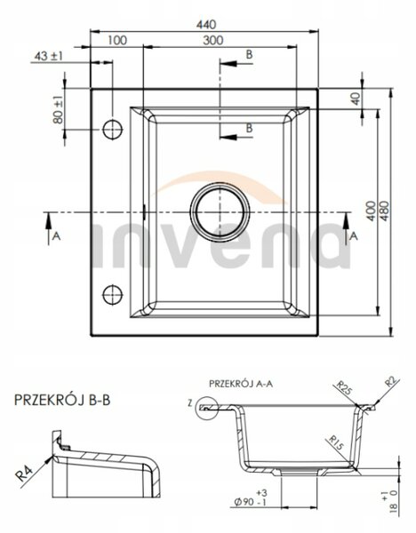 Invena Tesalia, 1 kamrás gránit mosogató 440x400x160 mm és Joga Plus mosogató csaptelep, fekete foltos, INV-AZ-01-041-SET