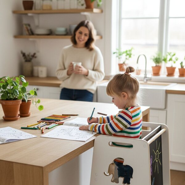 Verk Montessori Gyerek tanulótorony állítható magassággal és rajztáblával - Elefánt - fehér