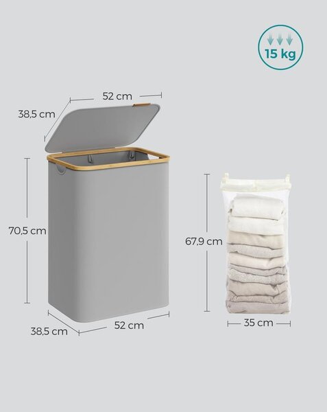 SONGMICS szennyeskosár fedéllel 130L, 2 rekeszes nagyméretű szennyes tartó, szürke