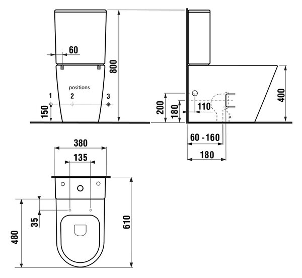 Sapho Sapho, PACO RIMLESS WC kombi, alsó/hátsó hulladék, fekete, PC1012WRB