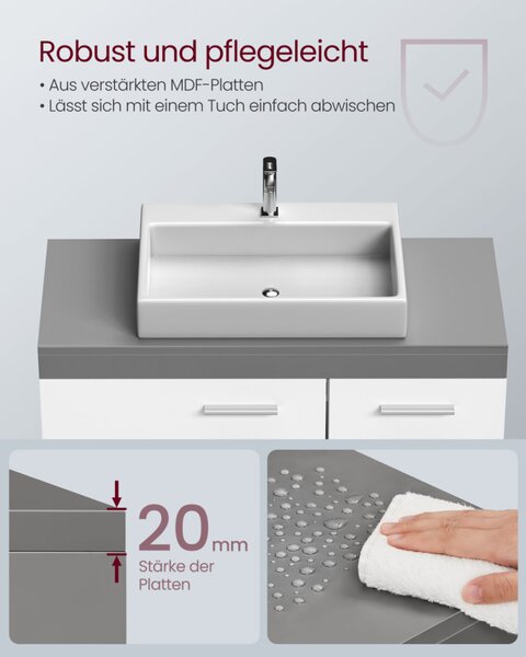 VASAGLE mosdó alatti szekrény MDF felhőfehér-cementszürke 3 fiókos