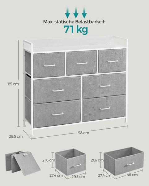 SONGMICS Modern Textil Fiókos Szekrény 7 Fiókkal Fehér-Szürke Fémvázzal