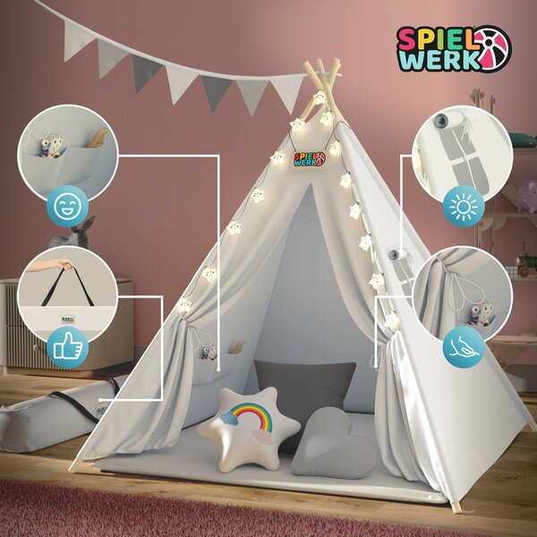 JULIUS gyerek teepee sátor, 120x120x160cm, fehér/szürke Spielwerk