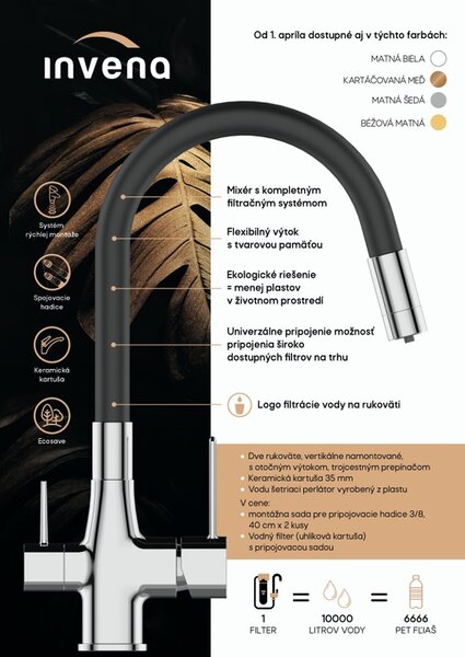 Invena Magic, szabadon álló mosogatócsap flexibilis karral és ivóvízszűrővel, fekete-króm, INV-BZ-08-F08-V