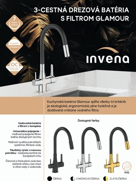 Invena Magic, szabadon álló mosogatócsap flexibilis karral és ivóvízszűrővel, fekete-króm, INV-BZ-08-F08-V