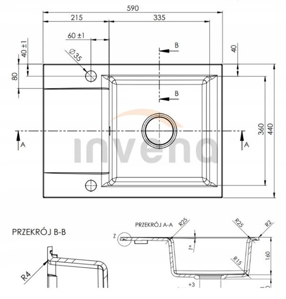 Invena Tesalia, 1 kamrás gránit mosogató rövid lefolyóval 590x440x160 mm és Joga Plus mosogató csaptelep, arany automata szifon, fekete foltos, INV-A…