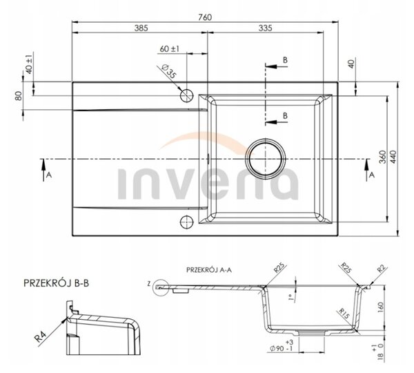 Invena Tesalia, 1 kamrás gránit mosogató lefolyóval 760x440x160 mm + arany automata szifon, INV-AZ-01-Z43-B