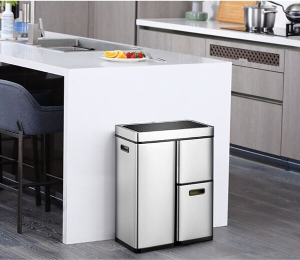 Eko Mirage Plus szemeteskosár érzékelővel, 60 l, hangtalan fedél nyitás/zárás, 3 kivehető szemetes, érintőgombok, fényjelzők, kompakt, rozsdamentes acél