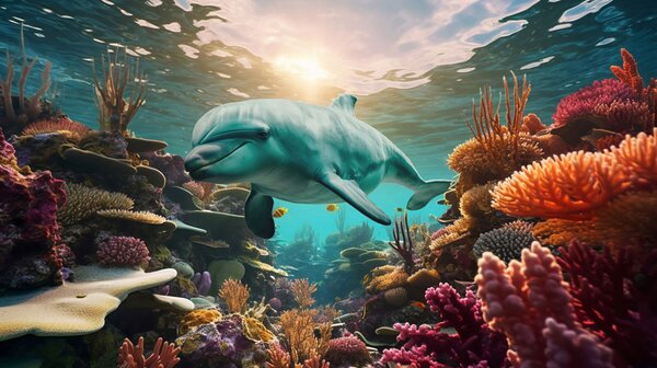 Fotótapéta Nagy delfin a korallzátonyok víz alatti világában, Tenger és óceán fotótapéta, w01873 : Uwalls.hu