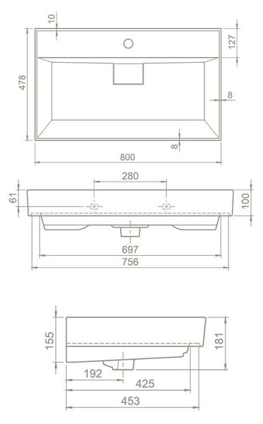 TMP TRIO 80 álló fürdőszobabútor - CeraStyle SHARP FEKETE mosdóval - 80 x 48 cm