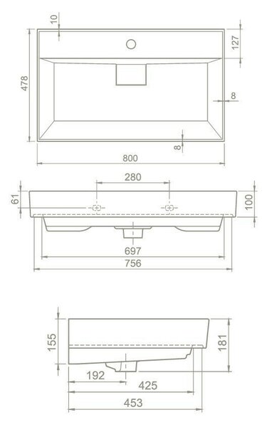 TMP TRIO 80 álló fürdőszobabútor - CeraStyle SHARP FEKETE mosdóval - 80 x 48 cm