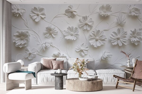 Fotótapéta Fehér relief kompozíció virágokból minimalista és kifinomult stílusban, 3d fotótapéta, Fotótapéta 3d virágok, w01828 : Uwalls.hu