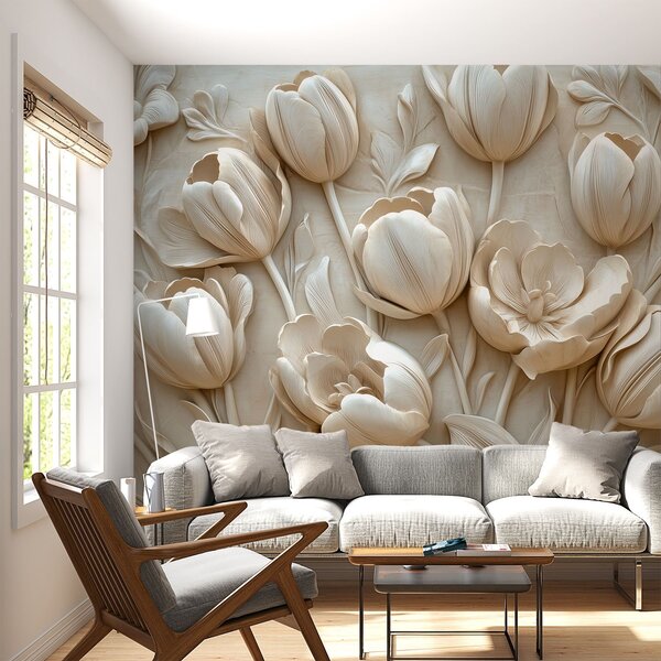 Fotótapéta 3D virágos művészet kecses tulipánokkal bézs színben, 3d fotótapéta, Fotótapéta 3d virágok, w01851 : Uwalls.hu