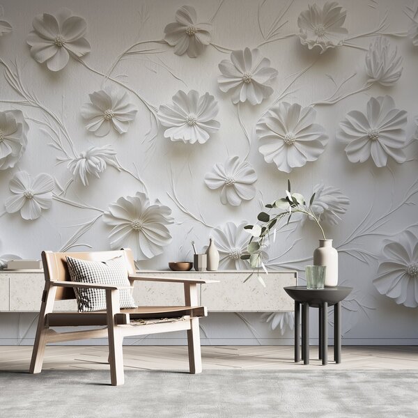 Fotótapéta Fehér relief kompozíció virágokból minimalista és kifinomult stílusban, 3d fotótapéta, Fotótapéta 3d virágok, w01828 : Uwalls.hu