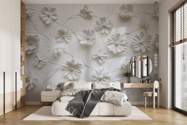 Fotótapéta Fehér relief kompozíció virágokból minimalista és kifinomult stílusban, 3d fotótapéta, Fotótapéta 3d virágok, w01828 : Uwalls.hu