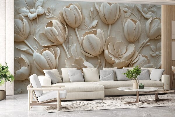 Fotótapéta 3D virágos művészet kecses tulipánokkal bézs színben, 3d fotótapéta, Fotótapéta 3d virágok, w01851 : Uwalls.hu