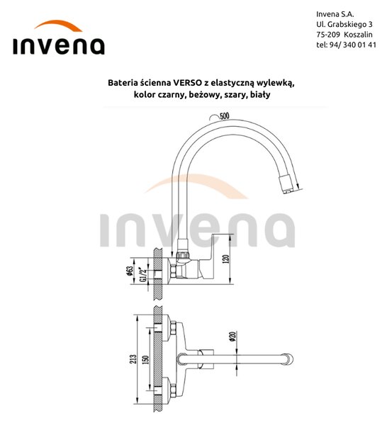Invena Verso, falra szerelhető konyhai csaptelep 150mm elasztikus karral, fekete matt-arany fényes, INV-BC-82-E49-L