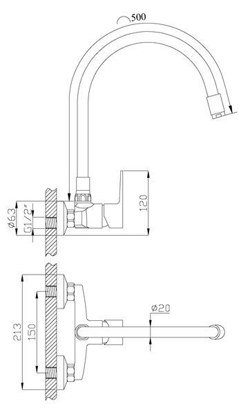 Invena Verso, falra szerelhető konyhai csaptelep 150mm elasztikus karral, fekete matt, INV-BC-82-E44-L