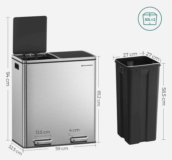 Szelektív hulladékgyűjtő, 2 műanyag belső tartállyal, 2 x 30 L