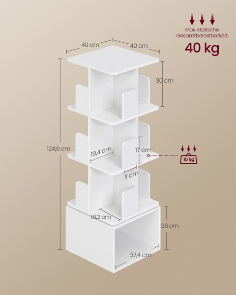 VASAGLE Custos forgó könyvespolc 4 szintes tárolópolc felhőfehér 40 x 40 x 124,6 cm