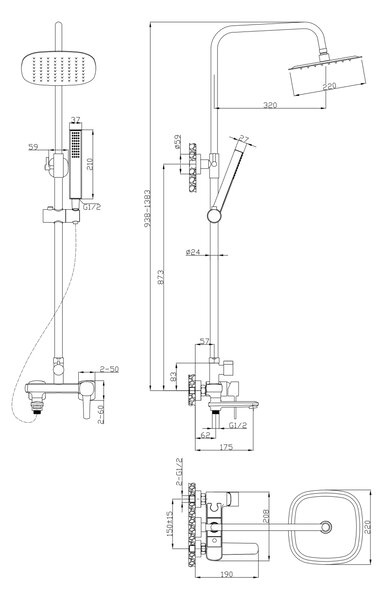 Invena Trend, zuhanycsaptelep zuhanyoszloppal, felső és kézi fejjel, rézmatt, INV-AU-05-B14-V
