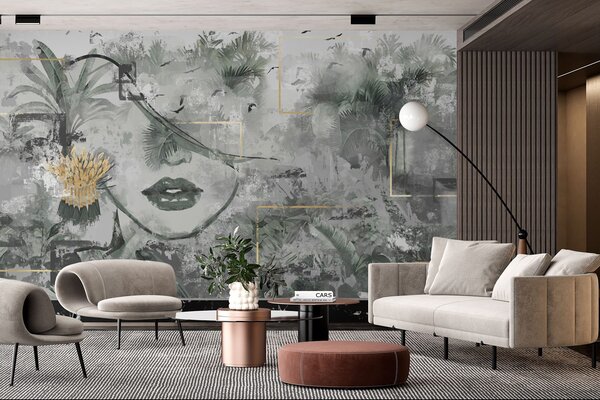 Fotótapéta Grunge esőerdő és lány arc sziluettje, Fotótapéta modern, w01916 : Uwalls.hu