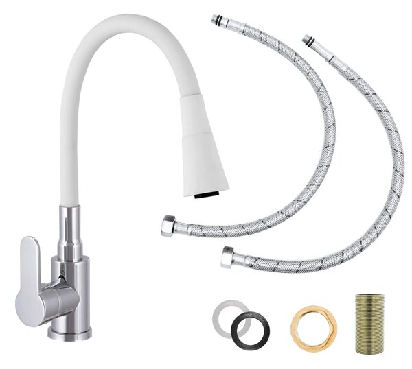 Gamma Flex 3000, szabadon álló mosogató csaptelep rugalmas karral, fehér matt króm, GMA-BFX-3000WH