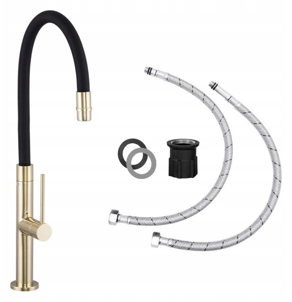 Gamma Flex Slim, magas konyhai csaptelep rugalmas karral H-480 mm, fekete-arany, GMA-BFXSL-GD