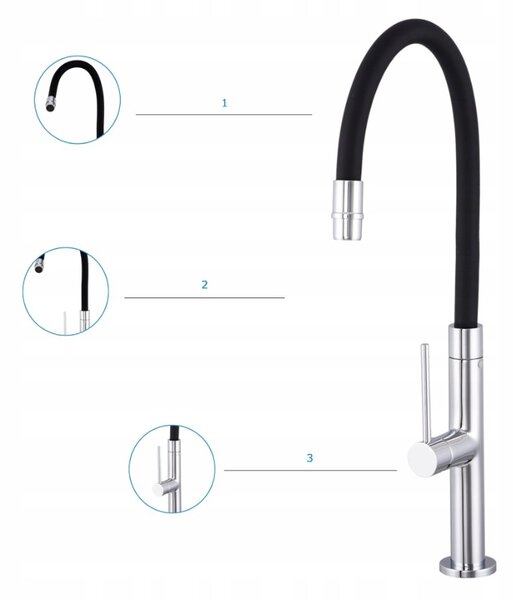 Gamma Flex Slim, magas konyhai csaptelep rugalmas karral H-480 mm, fekete-króm, GMA-BFXSL-CH