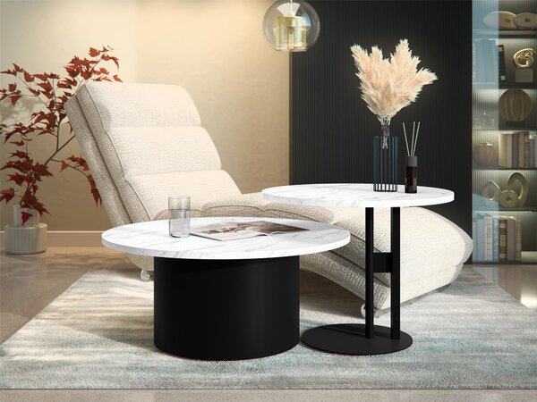 Dohányzóasztal szett Oswego 159, Fém, 33cm, Fehér márvány, Fekete