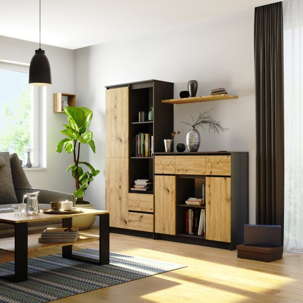 AKORD K100 Modern Komód Laminált Grafit-Artisan Tölgy 6 Polcos
