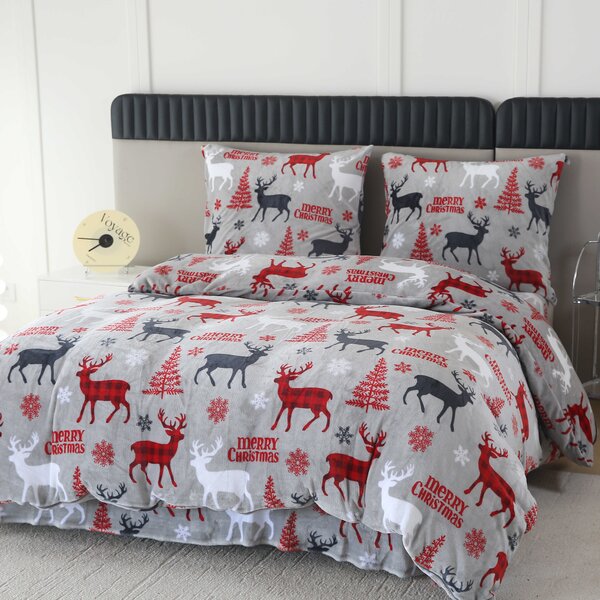 Mikroplüss ágyneműhuzat szett MERRY CHRISTMAS DEER szürke + mikroplüss lepedő SOFT 180x200 cm fehér, duplaágyra