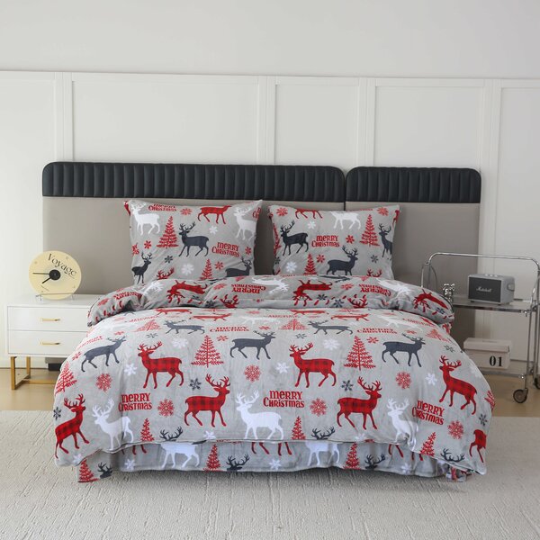 Mikroplüss ágyneműhuzat szett MERRY CHRISTMAS DEER szürke + mikroplüss lepedő SOFT 180x200 cm fehér, duplaágyra