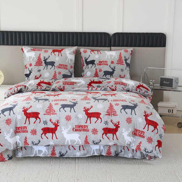 Mikroplüss ágyneműhuzat szett MERRY CHRISTMAS DEER szürke + mikroplüss lepedő SOFT 180x200 cm fehér, duplaágyra