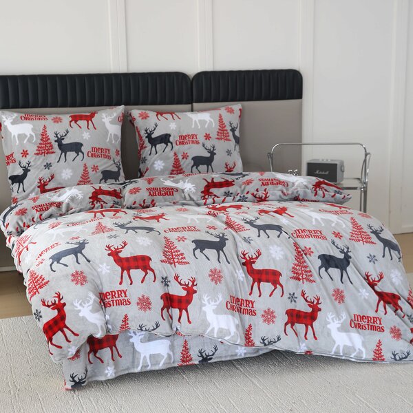 Mikroplüss ágyneműhuzat szett MERRY CHRISTMAS DEER szürke + mikroplüss lepedő SOFT 180x200 cm fehér, duplaágyra