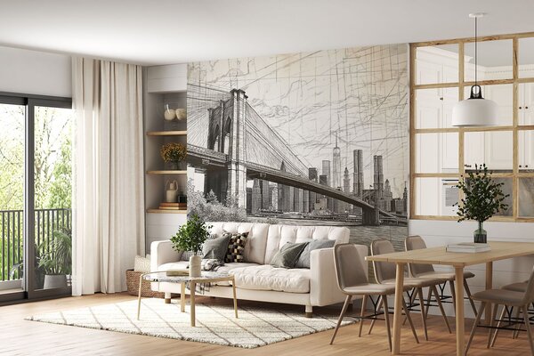 Fotótapéta Panoráma a Brooklyn hídról, vázlatos retro technikával, vonalakkal és, Városok és országok fotótapéta, w01961 : Uwalls.hu
